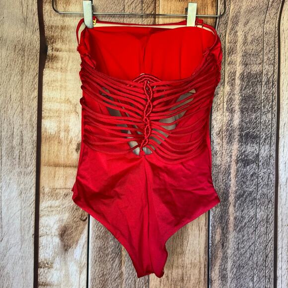 Leonisa Swim One Piece Sculpting Macramé Back Red Small Removeable Straps Beach - Picture 3 of 9